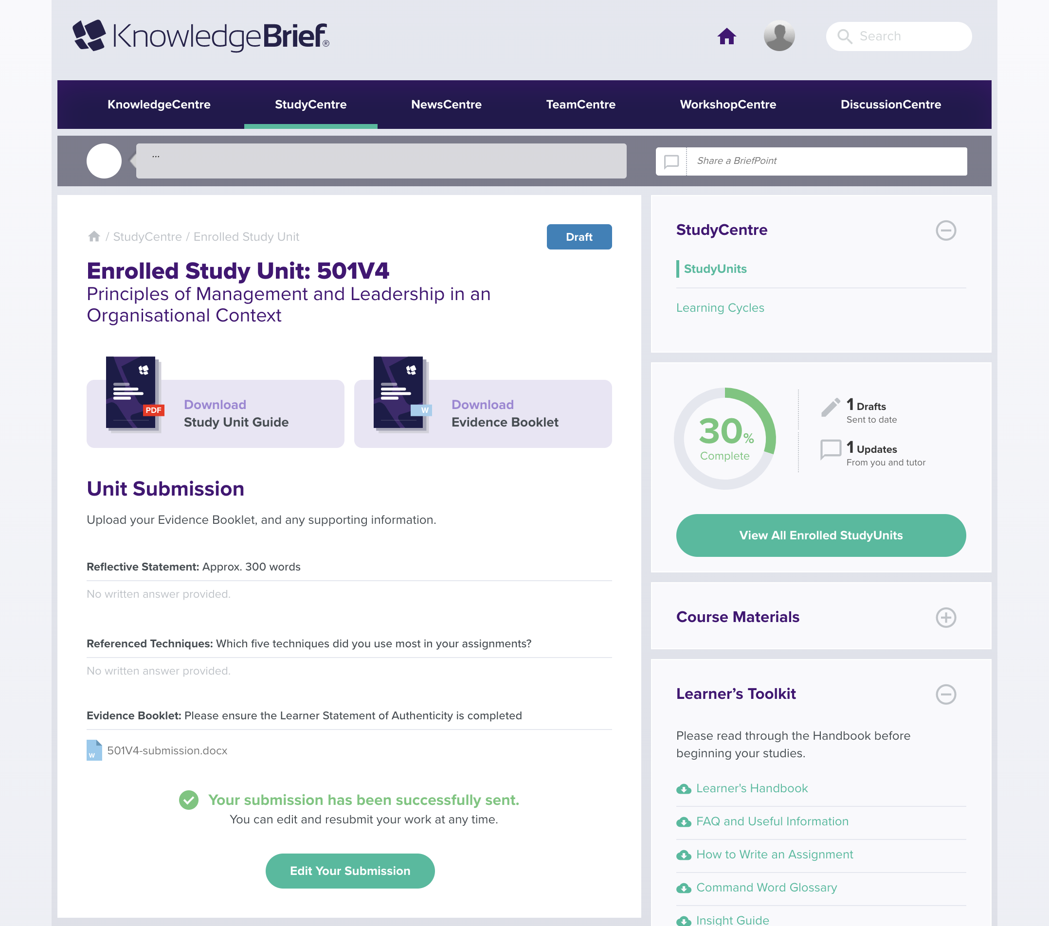 Study Unit page — draft submitted